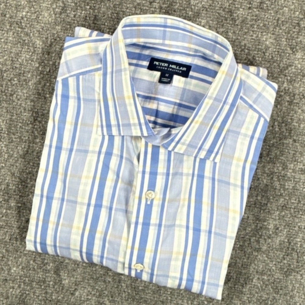 Peter Millar Crown Crafted Shirt Mens Medium Blue Plaid Cotton Button Up Turkey